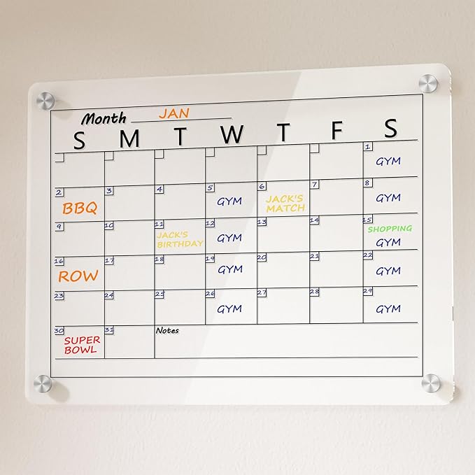 Acrylic Calendar Whiteboard for Wall, 15"x11" Small Clear Monthly Planner Dry Erase White Board for List, Kitchen, Planning, Memo