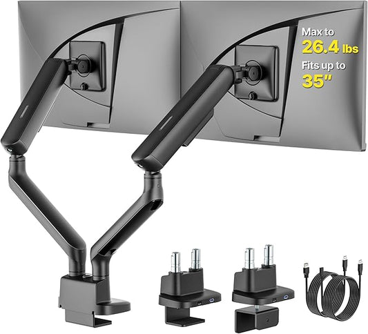 monTEK Dual Monitor Arm with USB, Mechanical Spring Monitor Arm for 17-35" Screens, Adjustable Monitor Desk Mount Each Holds up to 26.4 lbs with C Clamp/Grommet Desk Mount, VESA 75/100mm