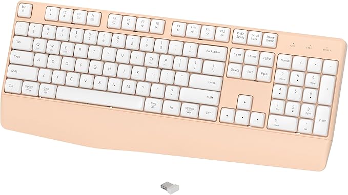 Wireless Bluetooth Keyboard, Ergonomic Wireless Keyboard with Wrist Rest, 2.4GHz & Bluetooth Dual-Mode Compatibility for PC, Laptop, Windows, Mac, and More (White Milk Tea)