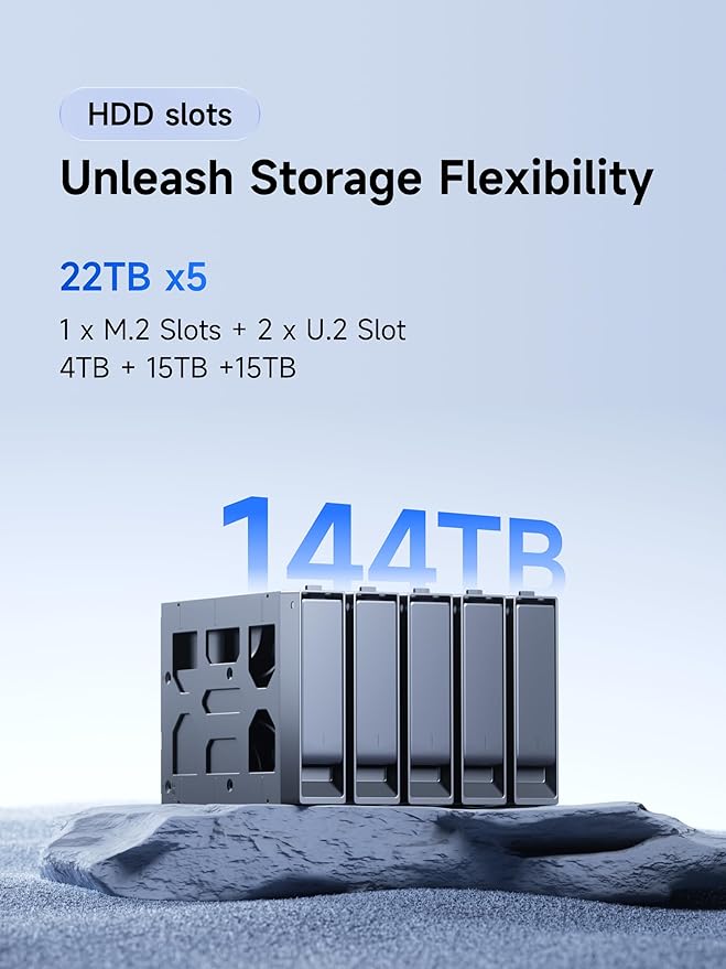 MINISFORUM N5 Air 5-Bay Desktop NAS, AMD Ryzen 7 255, 8C/16T CPU, Radeon 780M, No RAM,No HDD,64GB SSD(MinisCloud OS), 3×M.2 NVMe, 10GbE + 5GbE, OCuLink and USB4 Ports, PCIe x16 Expansion Slot