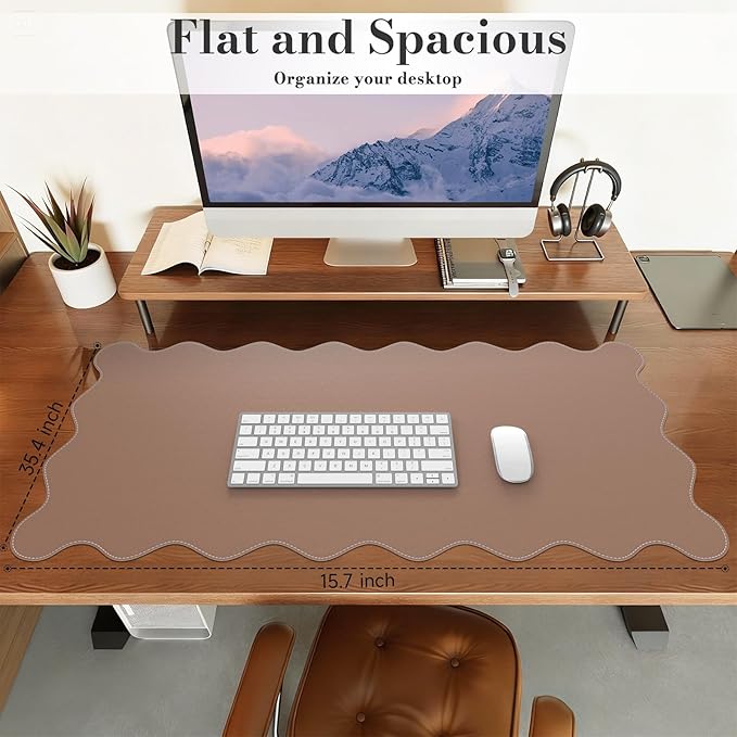 iCasso Leather Desk Pad,Extra Large Mouse Pad for Laptop,Waterproof PU Nail Table Mat,Cute Scalloped Keyboard Mats for Women Girl,Non-Slip Desk Cover Mat for Office Home School