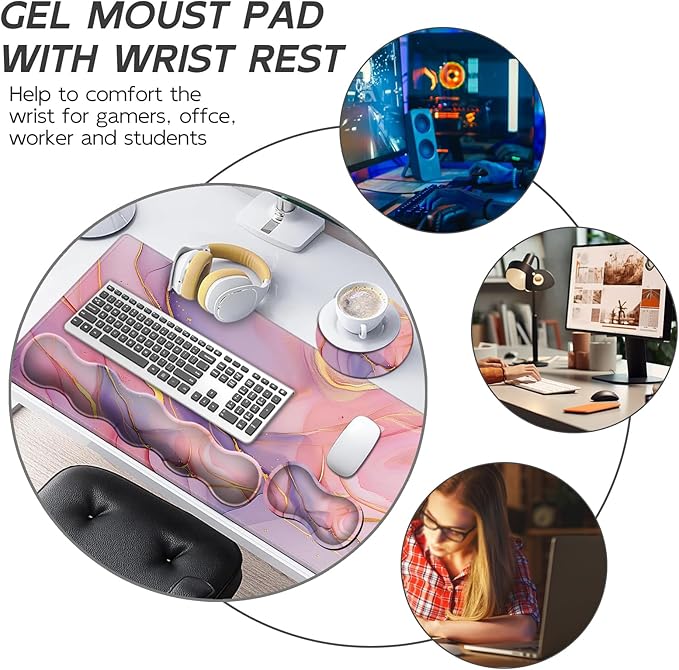 Gaming Mouse Pad Set, Pink Gold Marble Large Desk Mat Mousepad, Keyboard Wrist Support, Mouse Wrist Rest, Coaster 4in1 Ergonomic Memory Foam, Non-Slip Stitched Edge for Home Office
