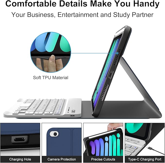 BORIYUAN iPad mini Keyboard Case, Detachable Wireless Bluetooth Keyboard Slim Folio Smart Cover for Apple iPad mini 5 2019/iPad Mini 1 2 3 4 - Dark Blue