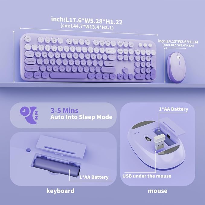 Wireless Keyboard and Mouse Combo, 2.4GHZ Typewriter Retro Full Size Keyboards, Cute Colorful Computer Keyboard and Wireless Mouse for Laptop/Desktop/Windows/PC (Purple Gradient)