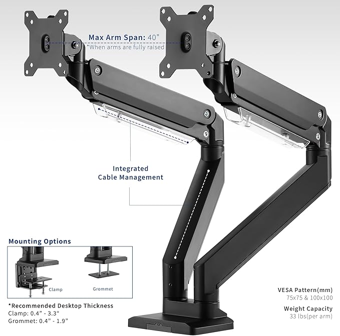 VIVO Premium Aluminum Heavy Duty Arms, Fits 2 Ultrawide Monitors up to 38 inches, Widescreen Dual Monitor Desk Mount with Instant Pneumatic Spring Height Adjustment VESA Stand, STAND-V102G2