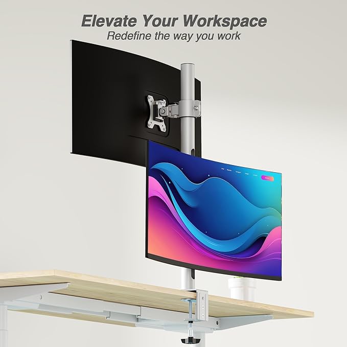AVLT 38" Vertical Ultrawide Monitor Mount Gray Two Stacked 26.5 lbs Screens on Heavy-Duty Pole Save Workspace with Fine-Tune Height Tilt Swivel Rotate Adjustment C-clamp and Grommet Mounting Stand