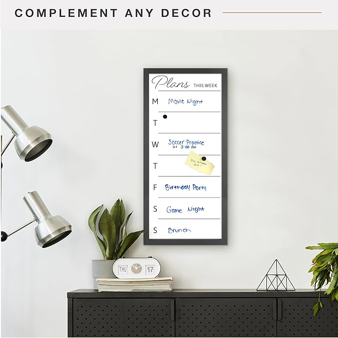 MCS Dry Erase Weekly Planner 14x30 Black Framed Calander Whiteboard for Wall, Plan Your Week with Family Weekly Planner for Dinners, Sports, Events & More