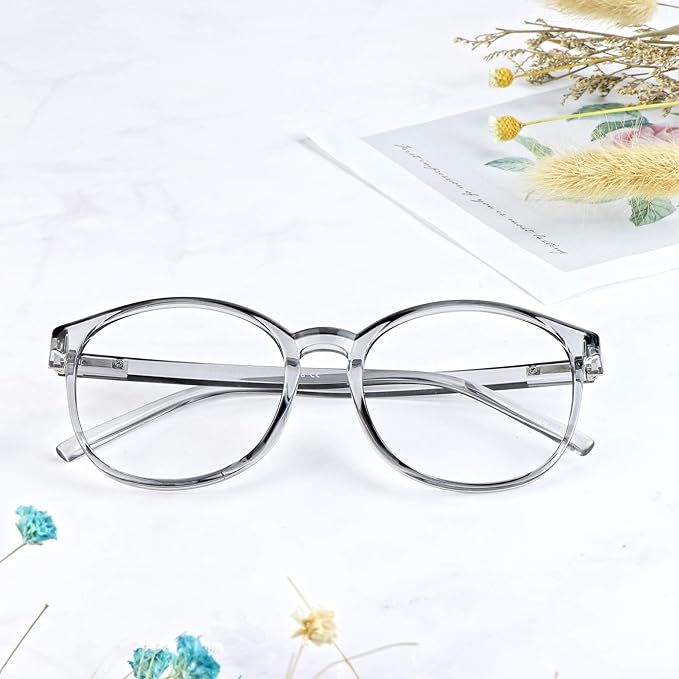 LifeArt Round Blue Light Blocking Glasses, Computer Glasses, Gaming Glasses, TV Glasses for Women Men (Clear Gray, 5.50 Magnification)