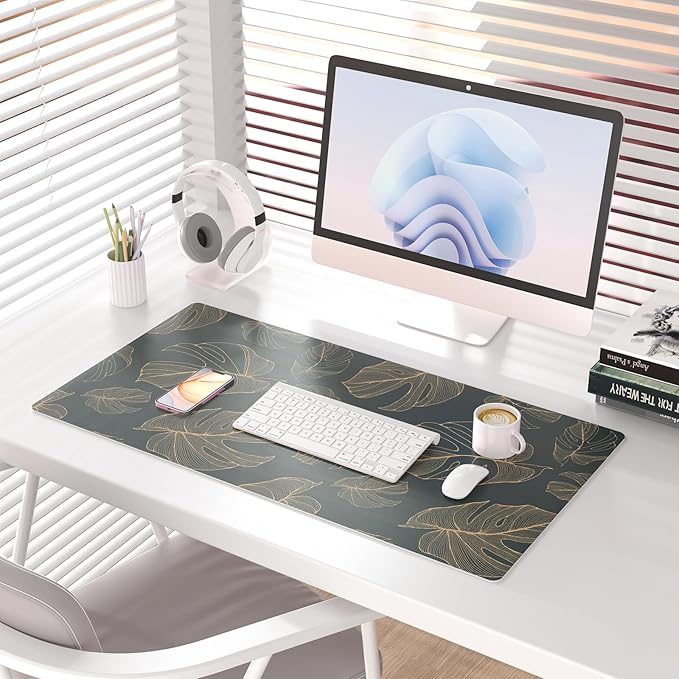 Colorful Star Large Mouse Pad, Monstera Leaves Waterproof Office Desk Mat, Non-Slip Gaming Mouse Pad, XXL PC Laptop Protector Pads, PU Leather Desk Writing Pads for Office Home, 31.5" x 15.7"