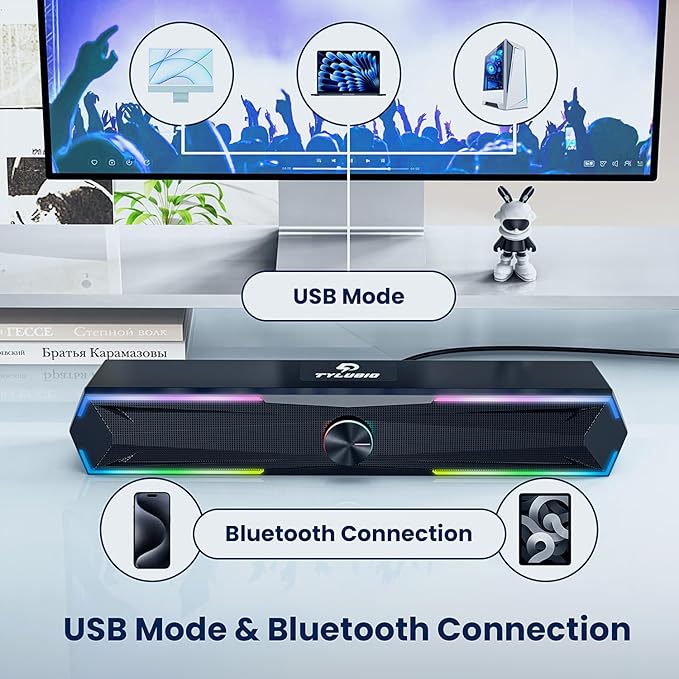 Computer Speakers PC Sound Bar with Stereo Sound, Flowing LED & Push-Button Control Computer Speaker for Desktop Laptop Monitor, USB Input Black