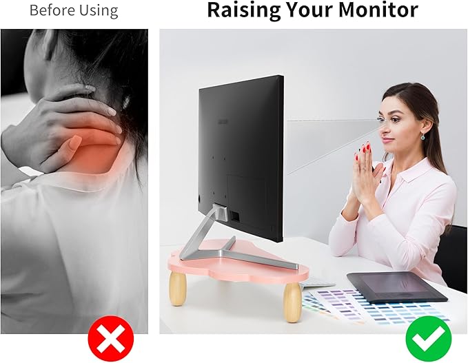 Monitor Stand Riser,Cloud-Shaped Sturdy Wood 16.5In Computer Monitor Riser Wirh Drawer, Multi-Purpose Desktop Organizer Riser for Computer,Laptop,Printer,TV,Pink