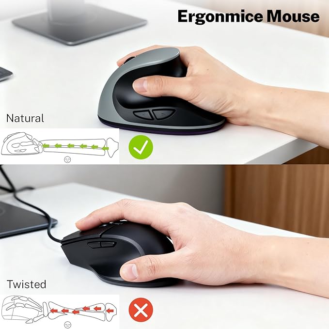 Ergonomic Mouse,Rechargeable Small Vertical Mouse with 6 Buttons Adjustable 800/1200/1600 DPI Purple Wireless Mouse for Laptop, Desktop, PC, MacBook (Gray)