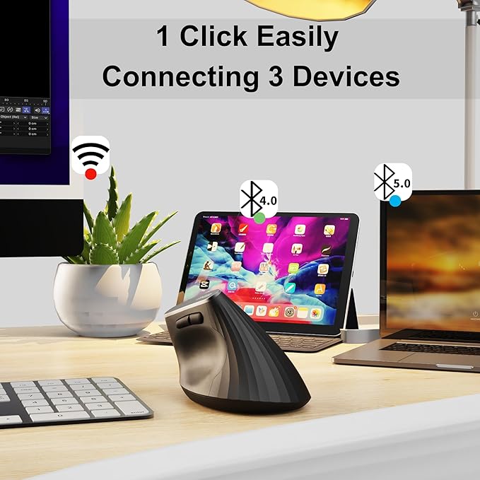 Uineer Vertical Mouse Wireless,Bluetooth Mouse with BT5.0/4.0/2.4G, Rechargeable with Battery Indicator,Ergonomic Design for Comfort and Reduced Wrist Strain, Ideal for Home,Office Use,Matte Black