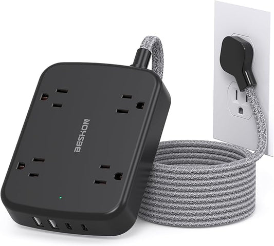 Power Strip with 2 USB C - BESHON 5 Ft Flat Extension Cord Flat Plug Power Strip, 4 Widely Outlets and 4 USB Charging Ports for Home Office Dorm Room Essentials, Black