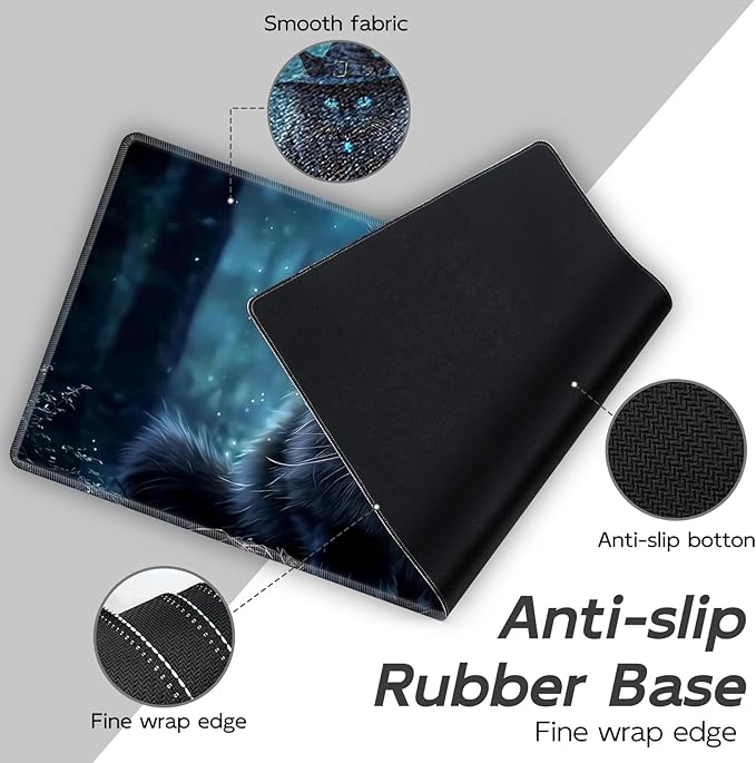 Gaming Mouse Pad Set, Black Cat Wearing Hat Large Desk Mat Mousepad, Keyboard Wrist Support, Mouse Wrist Rest, Coaster 4in1 Ergonomic Memory Foam, Non-Slip Stitched Edge for Home Office