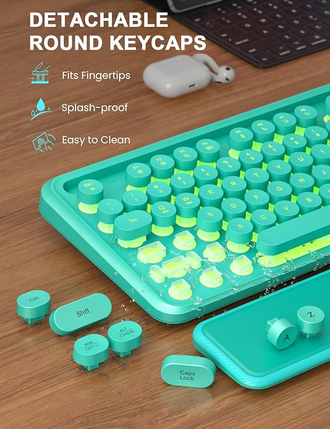 Wireless Keyboard and Mouse Combo - Backlit Typewriter Keyboard with Magnetic Wrist Rest & Phone Holder, Light Up Round Keycaps, 2.4GHz Cordless Set for Mac, Windows, PC, Laptop, SABLUTE