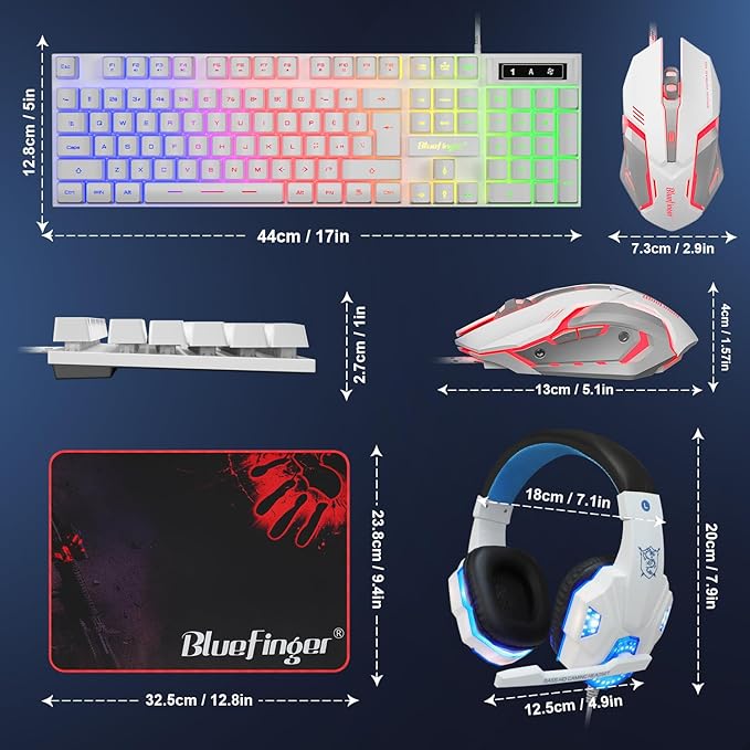 BlueFinger RGB Gaming Keyboard and Backlit Mouse and Headset Combo, USB Wired Backlit Keyboard, LED Gaming Mouse Set, Headset with Microphone for Laptop PC Computer Game and Work, White