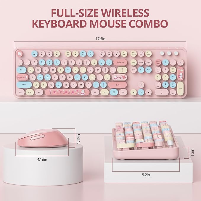Cute Pink Keyboard and Mouse Combo Wireless, 2.4G Full Size 104-Key Retro Typewriter Keyboards Round Keys for Students Teenagers Home Office PC Laptop(Colorful Pink)
