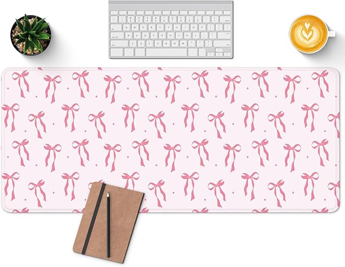 Large Computer Mouse Pad with Non-Slip Base for Desktop, Cute Gaming Mouse Mat with Stitched Edges, Long Extended Anime Mousepad for Laptop, 31.5 x 11.8 inches (Pink Ribbon Bow)