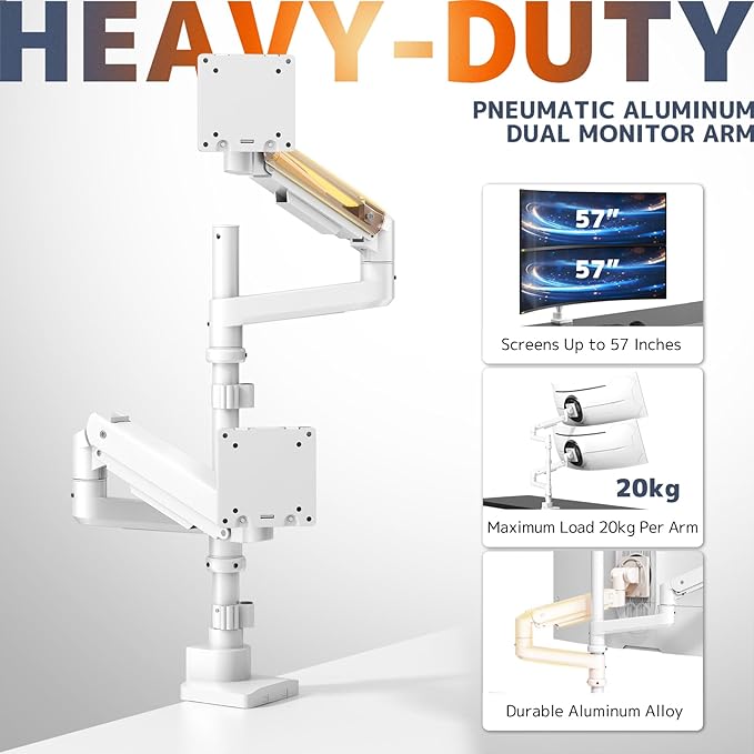 Dual Monitor-Arm Heavy-Duty for 17-57-Inch Screens - Ultrawide Vertical Dual Monitor Mount, Fully Adjustable Stacked Double Monitor Desk Mount Stand, Max Load 44 lbs per Screen, VESA 75/100 mm, White