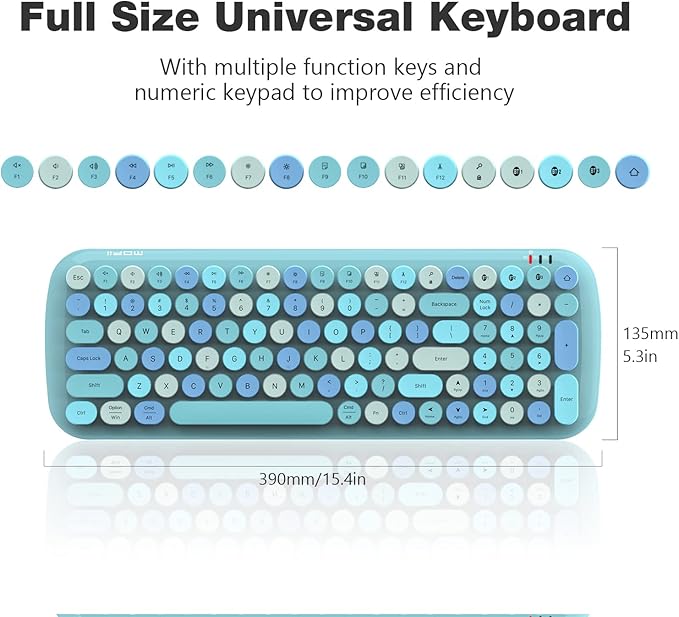 MOFII Wireless Bluetooth Keyboard, Typewriter Retro Round Keycaps Keyboard, Bluetooth 5.1 Tech Compatible with iPhone, iPad, Android, Windows, PC, Mac, Perfect for Home/Office (Blue Colorful)