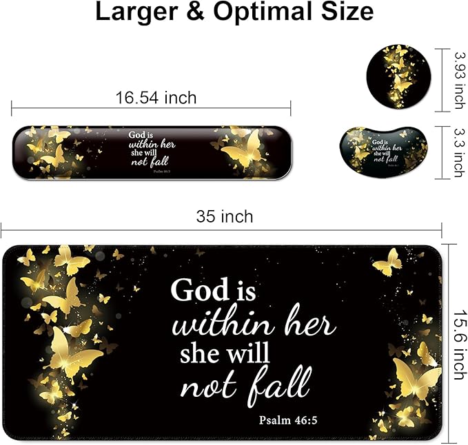 Keyboard Wrist Rest + Mouse Pad with Wrist Support + Desk Mat + Coaster 4 in 1 Set,Desk Matt for Desktop,Cute Large Gaming Ergonomic Mousepad for Computer Laptop Office Home Decor-Gold Butterfly