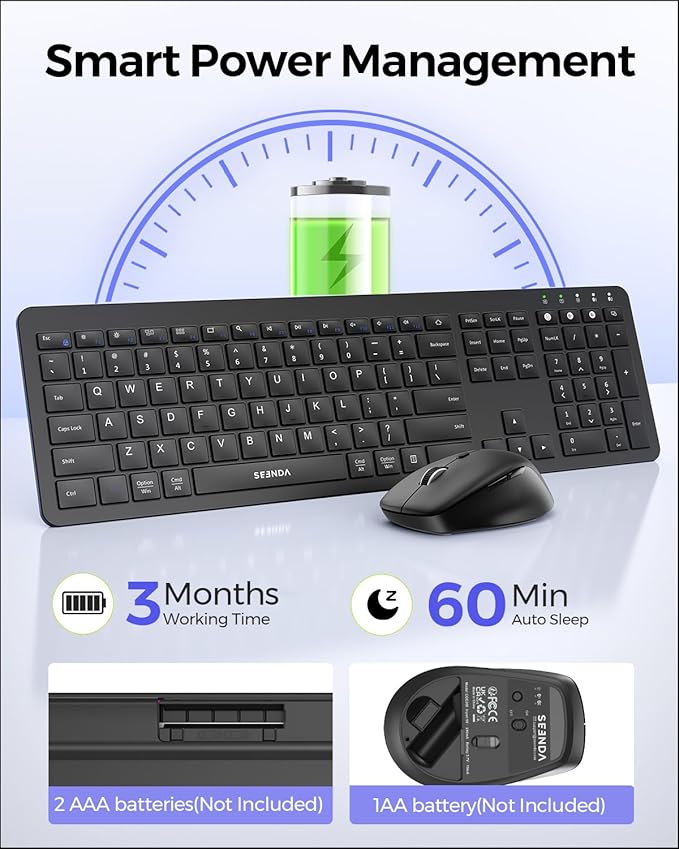 seenda Bluetooth Keyboard and Mouse Combo, COE300 Wireless Keyboard Mouse, 3 Multi-Device Connection Full Size Ultra-Slim Keyboard with Number Pad for Mac, Windows, Laptop, PC, iPad, Black
