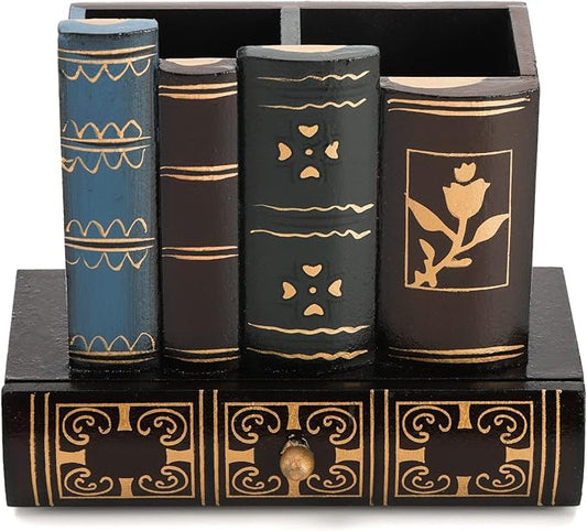 Tosnail Decorative Pen Holder with Storage Drawer, Wooden Pencil Holder Organizer, Antique Library Books Design Pen Cup Caddy, Desk Organizer for Office Supplies, Countertop, Desk, Table Accessory