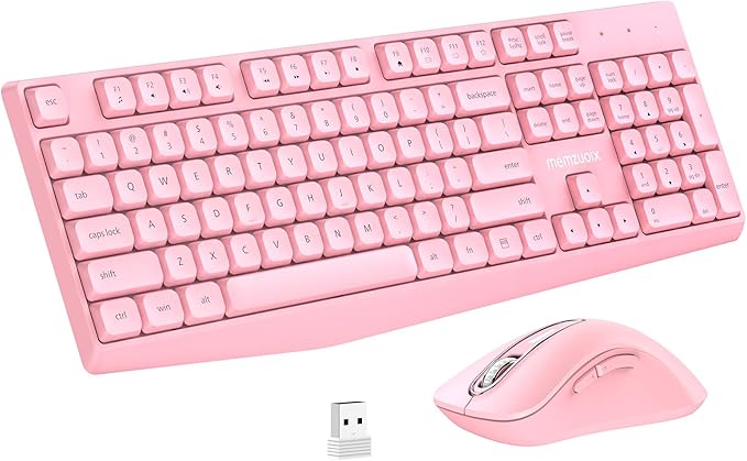 Wireless Keyboard and Mouse Combo, memzuoix 2.4G Full-Size Ergonomic Keyboard Mouse Set, Lag-Free Cordless One USB Receiver for PC, Laptop, Windows, Mac (Pink Keyboard + Pink Mouse)