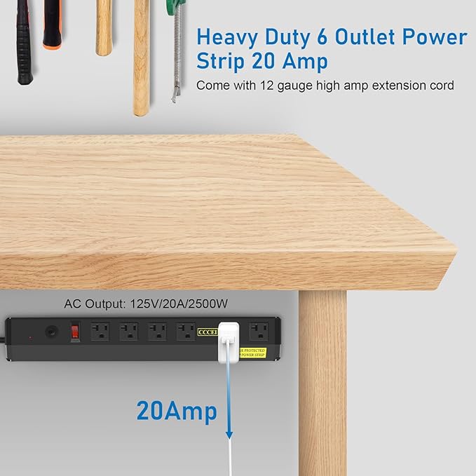 CCCEI Heavy Duty Power Strip Surge Protector 20 Amp, High Amp Industrial Shop Garage Metal Multiple Outlets, 15 FT 12 Gauge 5-15P Extension Cord 6 Outlet 6-20R T-Slot 20a for Appliance. Black.