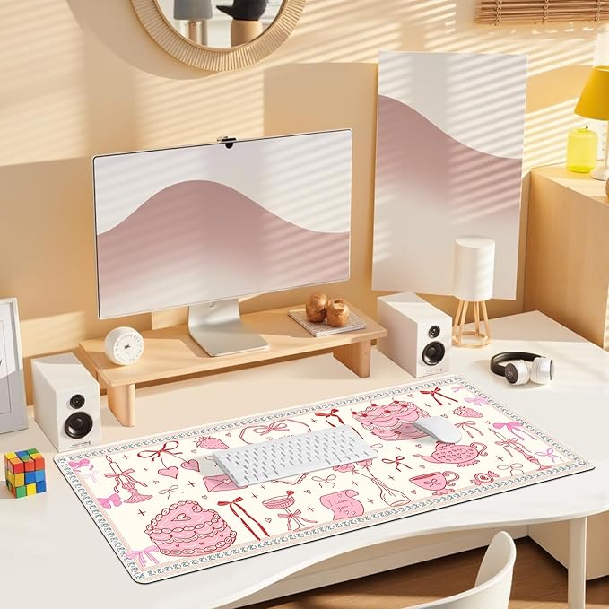 Desk Pad for Keyboard and Mouse, Large Mouse Pad for Desk, Non-Slip Keyboard Mat, Computer Mats for Desk, Cute Desk Pad with Stitched Edges for Office, Gaming I Kawaii Pink Bow Heart