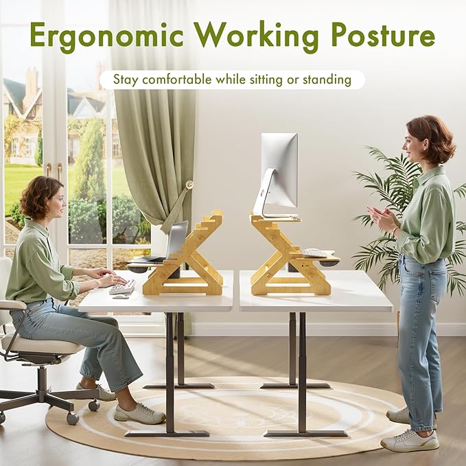 Amazer Standing Desk Converter, 22 inch Bamboo Small Sit Stand Up Desk Riser with Lap Desk Computer Desktop Desk Converter for Monitor and Laptop with Keyboard Tray