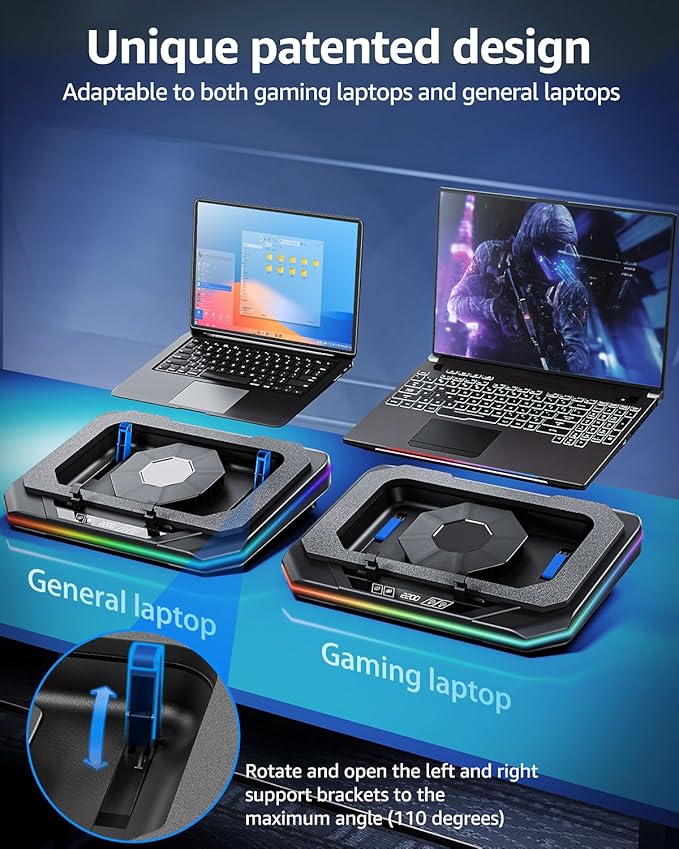RGB Laptop Cooling Pad for 13-19", Max 3500RPM Gaming Laptop Cooler, Laptop Fan Cooling Pad Touch Switch to Control Speed, Powerful 4.72 Inch Turbo Fan