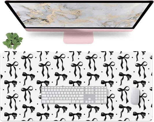 White Mouse Pad with Black Bows, Cute Desk Mat Bow Keyboard Mat for Computer Laptop Non-Slip Rubber Base, Large Office Mat Girly Desktop Décor Accessories Office Supplies for Girls Women 35.4 x 15.7in