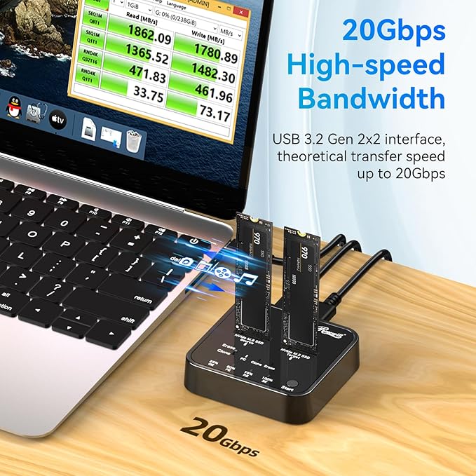 Rosewill M.2 NVMe Cloner + Eraser, M.2 Duplicator Dual Bay NVMe Enclosure, Tool-Free 20Gbps USB3.2 Gen 2X2 SSD to USB Adapter M.2 Docking Station for M Key PCIE NVMe SSD Reader, Offline Clone & Erase