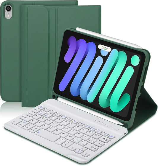 BORIYUAN iPad mini 6 Keyboard Case 2021, Detachable Wireless Bluetooth Keyboard Slim Folio Smart Cover with Build-in Pencil Holder for iPad mini 6th Generation 8.3 inch – Dark Green