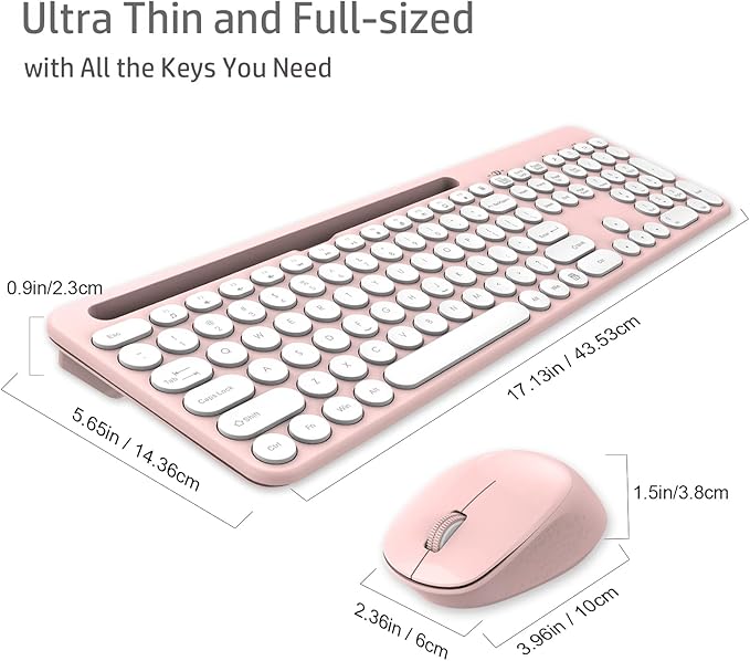 LeadsaiL Pink Wireless Keyboard and Mouse Combo, Full-Sized Ergonomic Computer Keyboard with Phone Tablet Holder, 2.4GHz Silent Cordless Keyboard Mouse Set for Windows Laptop, PC, Desktop