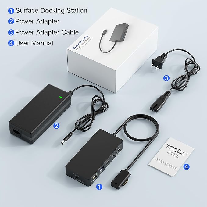 Surface Docking Station with Power Adapter, 11-in-1 Surface Dock, Dual Monitor 4K HDMI & VGA, Ethernet, USB Hub, SD/TF Card Reader for Surface Pro/Laptop/Book (HDMI + VGA)
