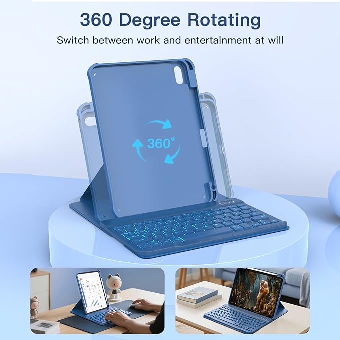for iPad 11th(A16, 2025)/10th Generation Case with Keyboard, 360° Rotatable Case & Detachable Backlit Keyboard, Precision Cutouts and Pen Holder for iPad A16 11''/10th 10.9'', Navy Blue