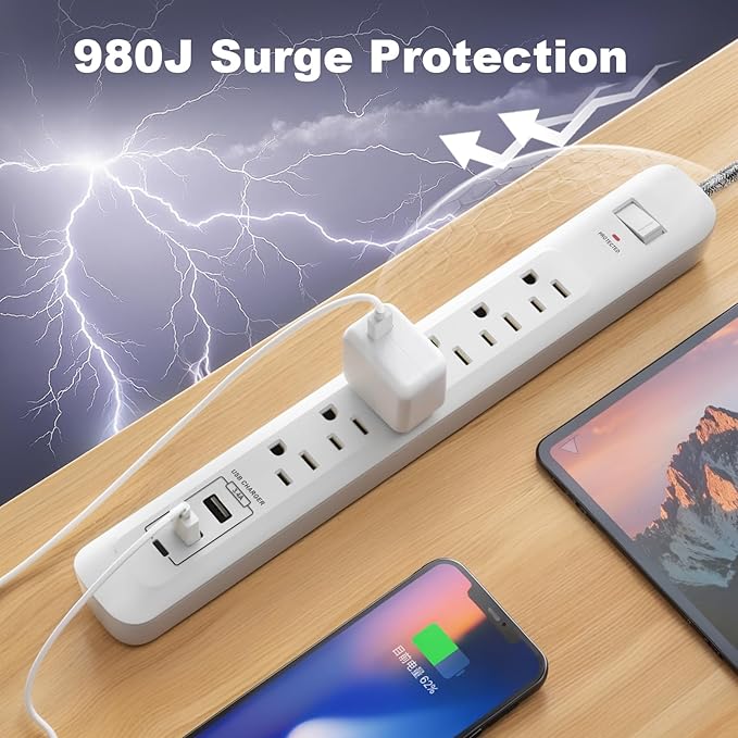 2 Pack Power Strip Surge Protector - 6 Outlets 3 USB Charging Ports (1 USB C), 5Ft Extension Cord, Flat Plug, Overload Protection, Wall Mount for Office Home, Dorm Room White