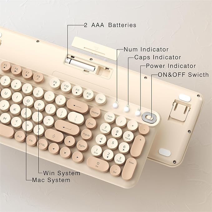 Wireless Keyboard and Mouse Combo, Full-Size Retro Typewriter Keyboard Style, 2.4GHz USB Receiver, Plug-and-Play, Keyboard Mouse Set for Computer, Laptop, Windows, Mac, and PC (Milk Tea)