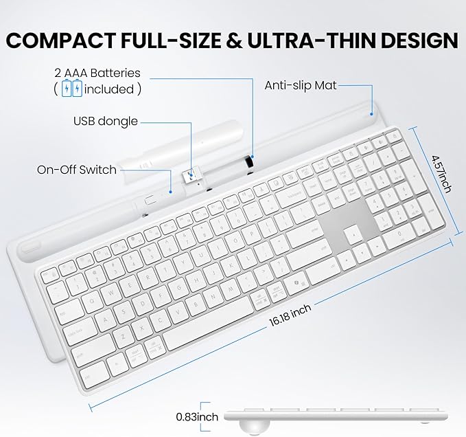 Wireless Bluetooth Keyboard Stainless Steel Multi-Device Full Size Keyboard with Numeric Keypad Low Profile Silent Cordless Keyboards Quiet Typing for Computer/Windows/PC/Laptop(Silver White)