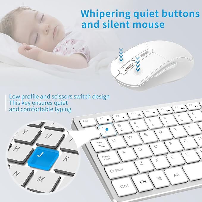 Wireless Keyboard Mouse Combo ;Compact Design with Number Pad, Rechargeable, Quiet, 2.4 GHz USB Receiver, Slim Keyboard and Ergonomic Mice Set for Windows Computer Desktop PC Laptop -Silver White
