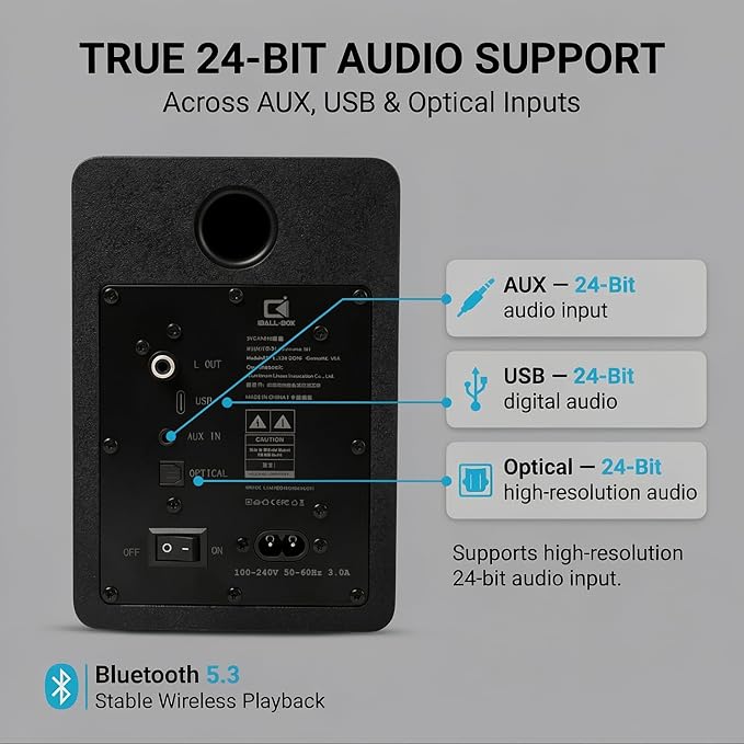 H1 Computer Speakers for Desktop PC, Monitor & Laptop, 60W Powered 2.0 Stereo with Bluetooth, 24-Bit USB-C DAC, Optical, 3.5mm AUX, Bass/Treble Control, Black