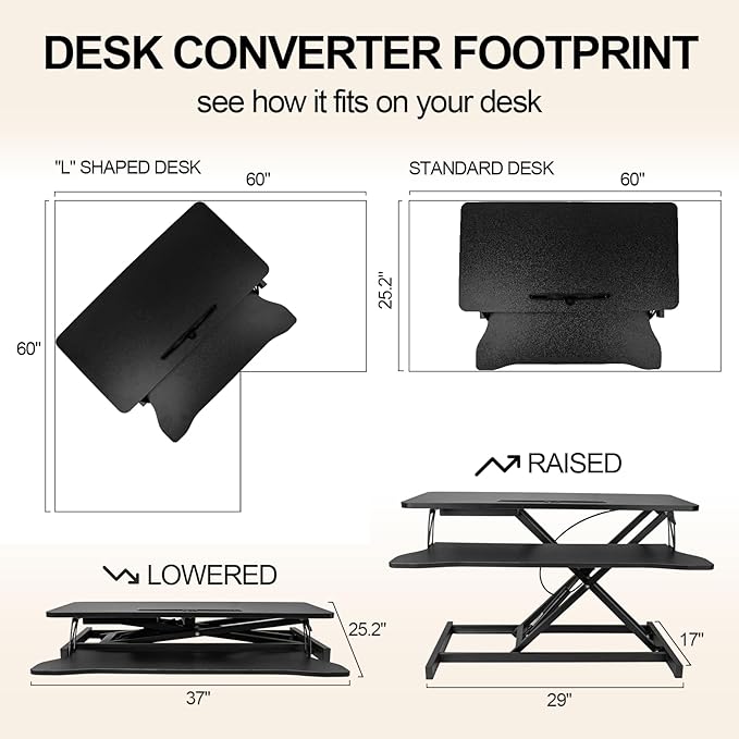 37" Stable Standing Desk Converter, Height Adjustable Sit Stand Up Desk Riser, Dual Monitor and Laptop Workstation with Wide Keyboard Tray Desk Lifter for Home Office, Black