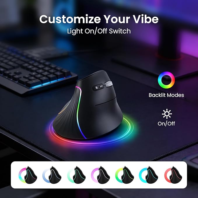 Wireless Ergonomic Vertical Mouse, Rechargeable Tri-Mode (Dual Bluetooth + 2.4G USB) Optical Mouse with Adjustable RGB Lighting, Multi-Device Control for Laptop, PC, Mac, iPad, Desktop (Dark Black)