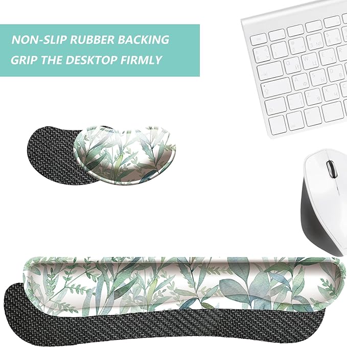 Keyboard Wrist Rest Mouse Wrist Support Set, Memory Foam Wrist Rest Pad for Computer Laptop Keyboard Mouse, Ergonomic Wrist Cushion Support for Typing Pain Relief, Gaming Home Office, Green Leaves