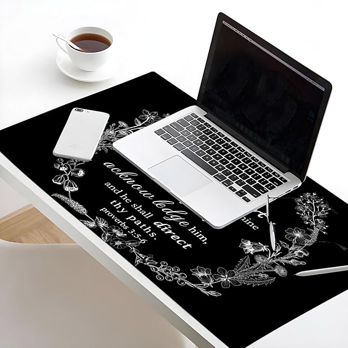 EOBTAIN Black and White Large Mouse Pad Bible Verse Keyboard Mat 31.5x15.7 Inch Scripture XXL Thin and Big Extended Desk Mat Smooth Non-Slip Rubber Mousepad Relaxing Spiritual Desk Accessories
