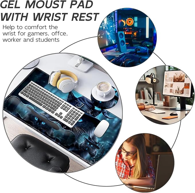 Gaming Mouse Pad Set, Black Cat Wearing Hat Large Desk Mat Mousepad, Keyboard Wrist Support, Mouse Wrist Rest, Coaster 4in1 Ergonomic Memory Foam, Non-Slip Stitched Edge for Home Office