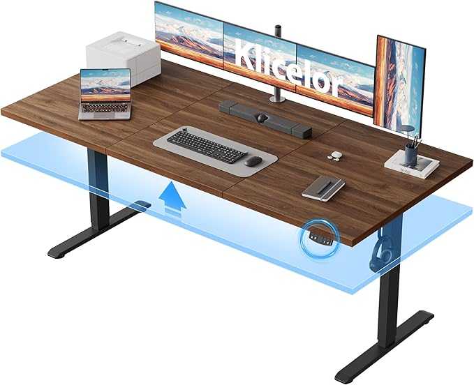 Klicelor 63 Inch Large Electric Standing Desk, Height Adjustable Office Desk, Sit Stand Up Computer Gaming Desk with Memory Preset, Three-Piece Desktop, Dark Walnut